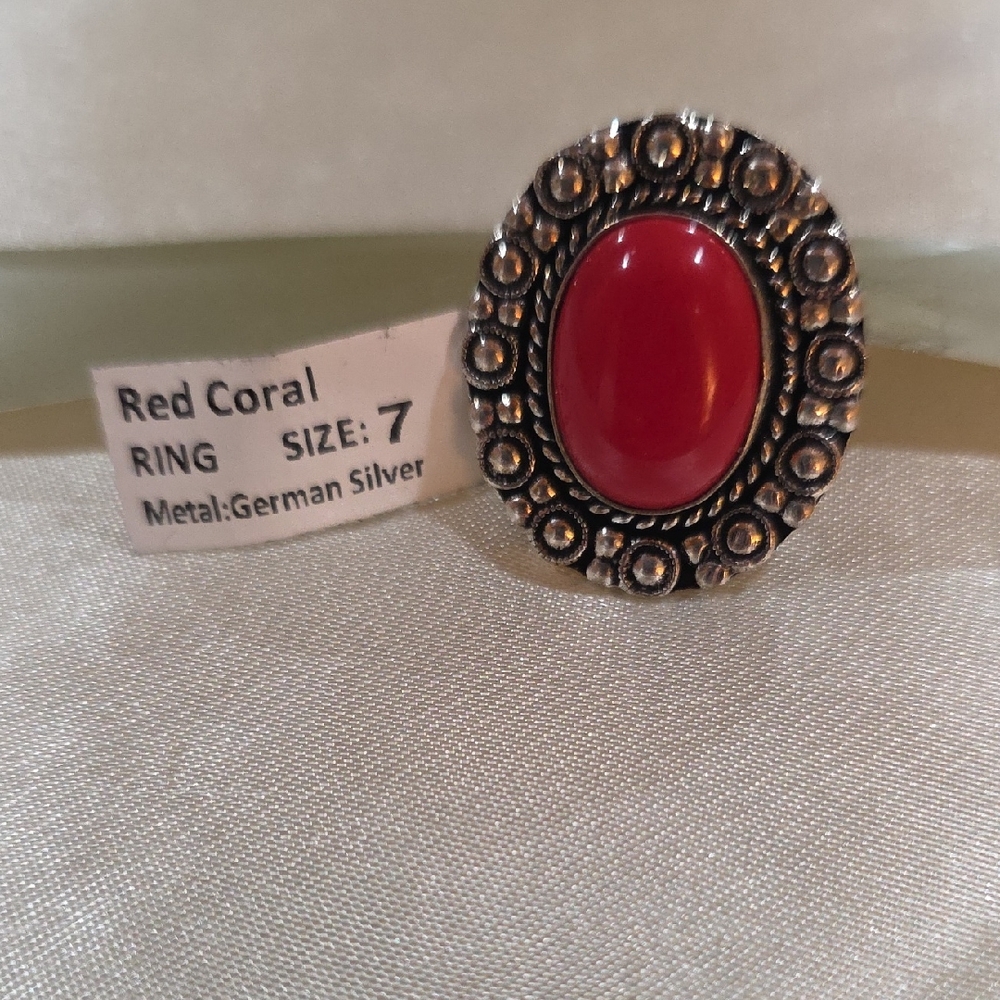 Vintage-Inspired Red Coral Ring in German Silver